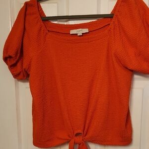 LOFT Orange Puff Sleeve Blouse with Tie Front